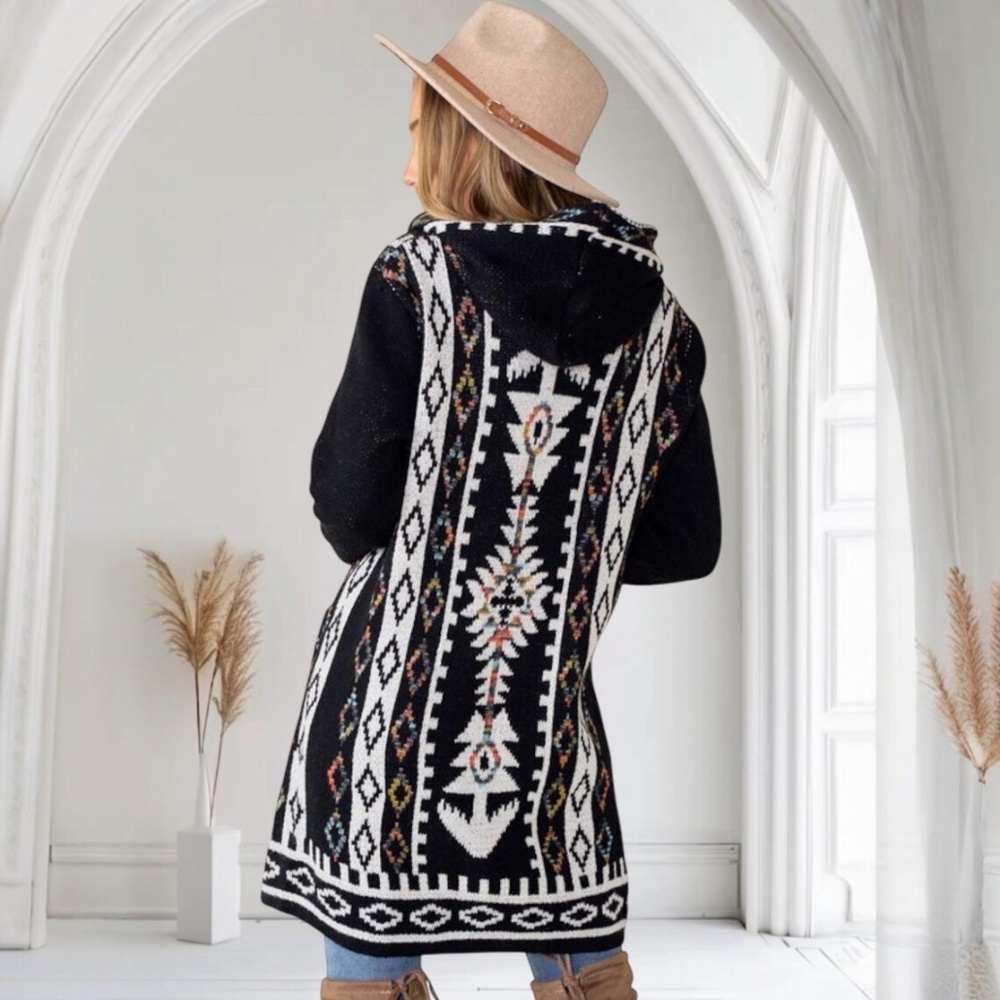 Black Aztec Rainbow Western Hooded Knit Cardigan Long Sleeve Open